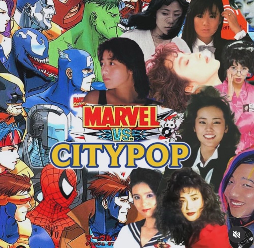 Marvel vs Capcom video game cover except it’s Marvel vs City Pop and it has bunch of marvel characters on the left and city pop artists on the right like Tatsuro Yamashita, Anri, Taeko Onuki, Tomoko Aran, Miki Matsubara, etc…