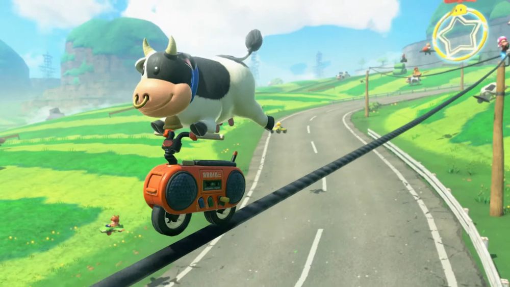 The cow from Mario Kart Moo Moo Meadows absolutely ripping the fuck out of a radio motor bike 