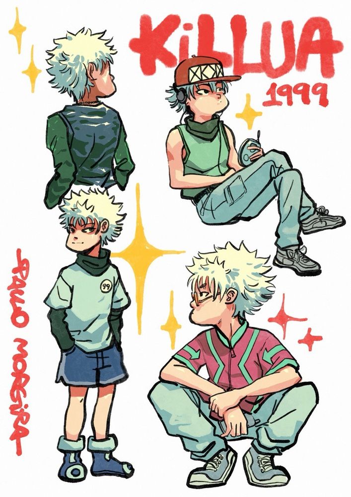 uma ilustração com o personagem killua de huxter X hunter, ele em várias poses e com vários looks, o boy mais bem trajado  da história dos animes, veste short, veste jeans, regata, óculos de sol. Elegância