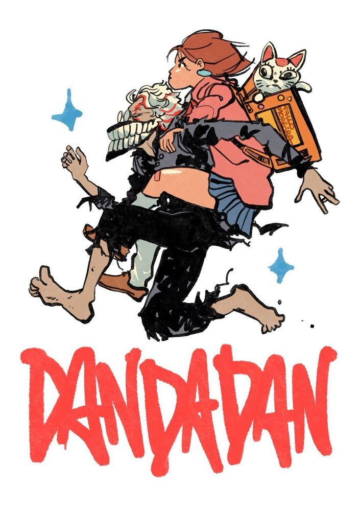 um desenhos dos meninos dandadan do anime dandadan, é o okarun endemoniado carregando nas corcunda momo que leva na mochila a vovó turbo no corpo do gato