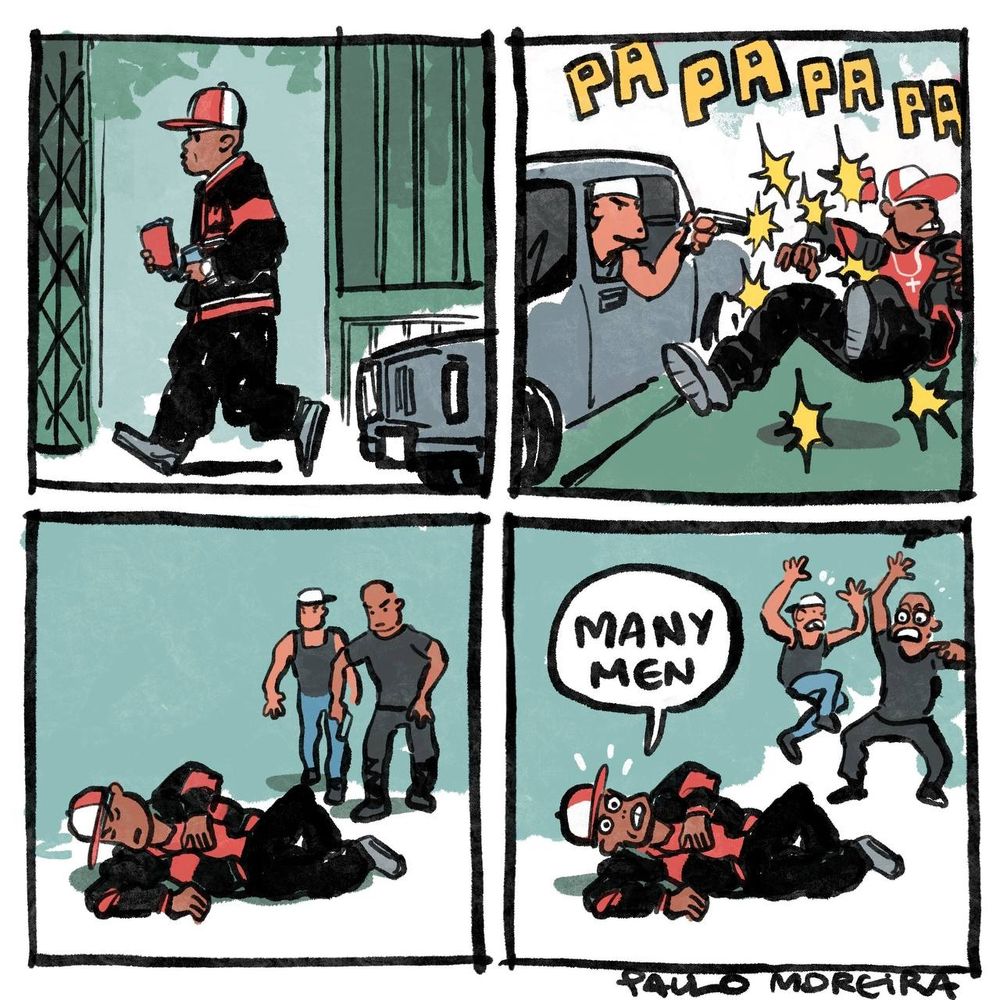 uma tirinha de 50 cent, onde ele tá caminhando na rua bem tranquilamente quando do nada um carro para do seu lado e é alvejado com 9 tiros, pá pá pá pá! Ele caído no chão, os dois criminosos que atiraram nele se aproximam e ele começa a cantar sua música "many men", os dois então levam um susto