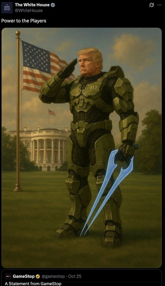 AI generated image from x/Twitter of Donald Trump with an outfit and weapon from the game Halo while saluting to the viewer's left. In the background is an American flag and the White House before it experienced demolition. 