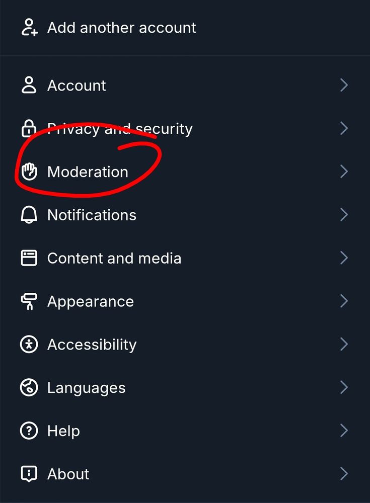 Screencap of Bsky Settings page, with the Moderation option circled in red. 