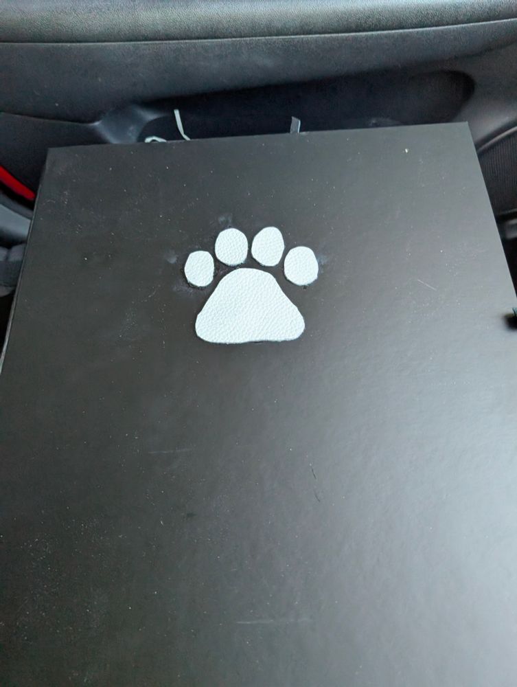 Cute little leather paw print on the lid of the box from Asylumpaws.