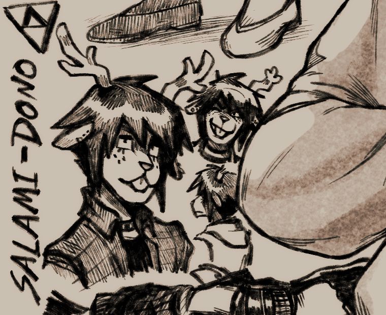 Drawings of Dess from the bottom corner of the page. She has black hair and wears a flannel shirt. Her ears are pierced. 
