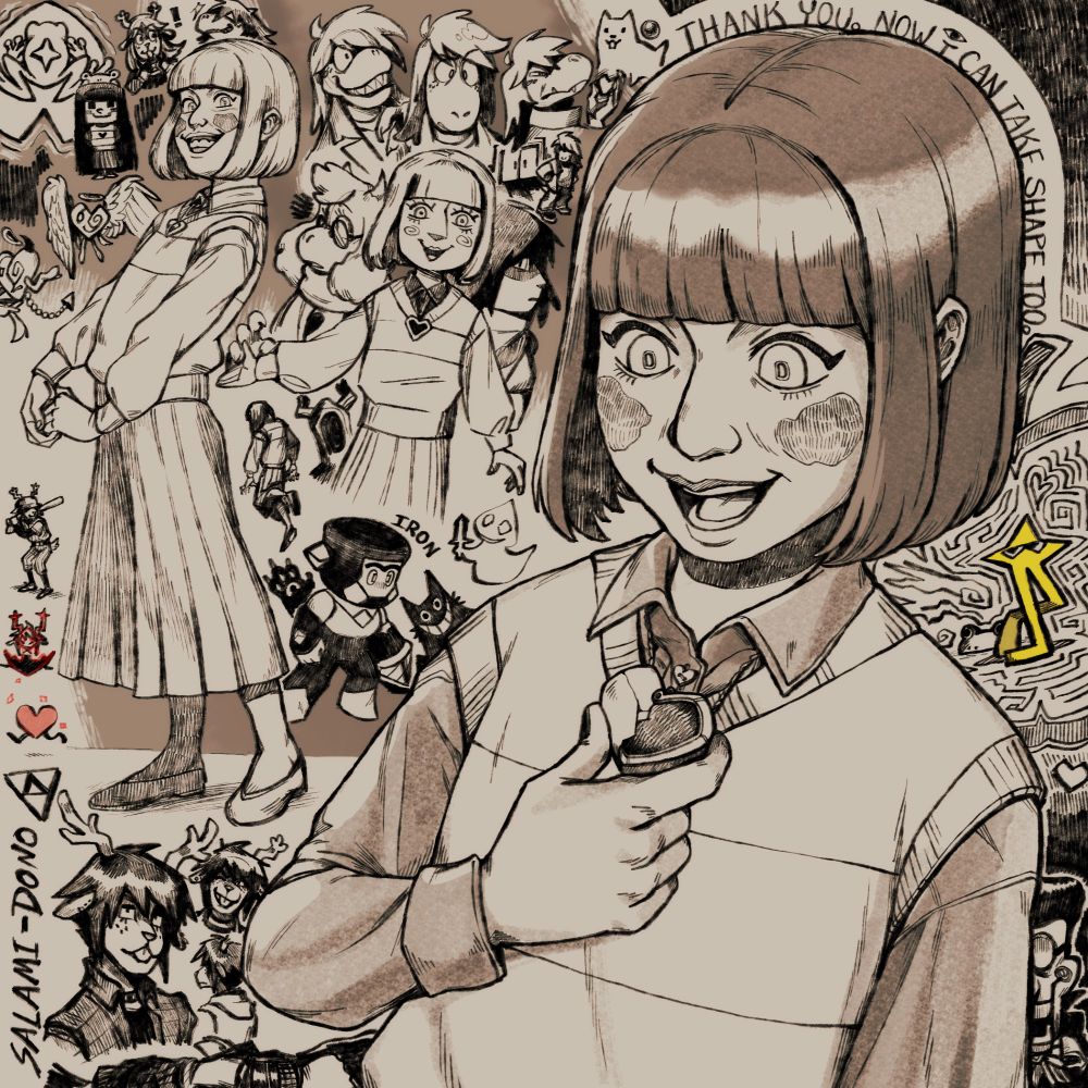 A sketch page of drawings inspired by Deltarune. About half the page is taken up by a large drawing of a character that resembles Chara from Undertale. To the left is a full body picture of them wearing a sweater vest and long sleeved shirt with a long skirt. They have their hair styled in a symmetrical bob. 