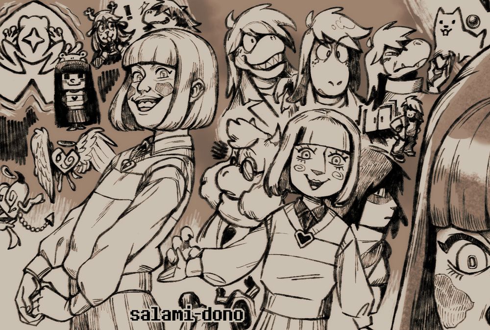 Sketches of Susie and the Fun Gang along with some original characters. The one who resembles Chara is seen standing in between a wary Ralsei and Kris, drawn in a more cartoonish style. 