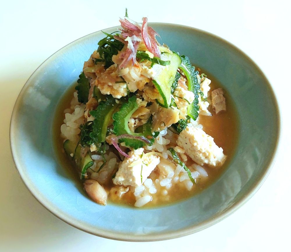 冷や汁をかけたごはん
出汁、焼いた味噌、すりごま、鯵、茗荷、生姜、大葉、冷凍スライスきゅうり、塩揉みゴーヤ、ちぎった島豆腐を入れた冷や汁
