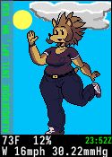 A pixel paperdoll weather report of a cloudy day scene, showing an anthropomorphic cartoon hedgehog with wavy brown hair and ears on top of the face, taking a walk, smiling and waving, dressed for warm weather with belted pants with a gold buckle, walking shoes, a sports watch, and a short-sleeved top in dark purple.