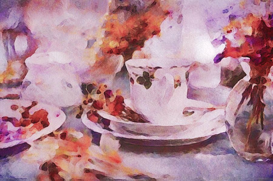 "Earl Grey in a Fine China Teacup" by Susan Maxwell Schmidt 

An impressionist digital watercolor painting on canvas, based on a photograph of a lovely table setting at an afternoon tea party. A hand painted fine china teacup sits on a table covered with a lavender purple table cloth, with scattered bouquets of flowers and berries in rich tones of red, pink, coral and yellow. More info at susanmaxwellschmidt.com 
