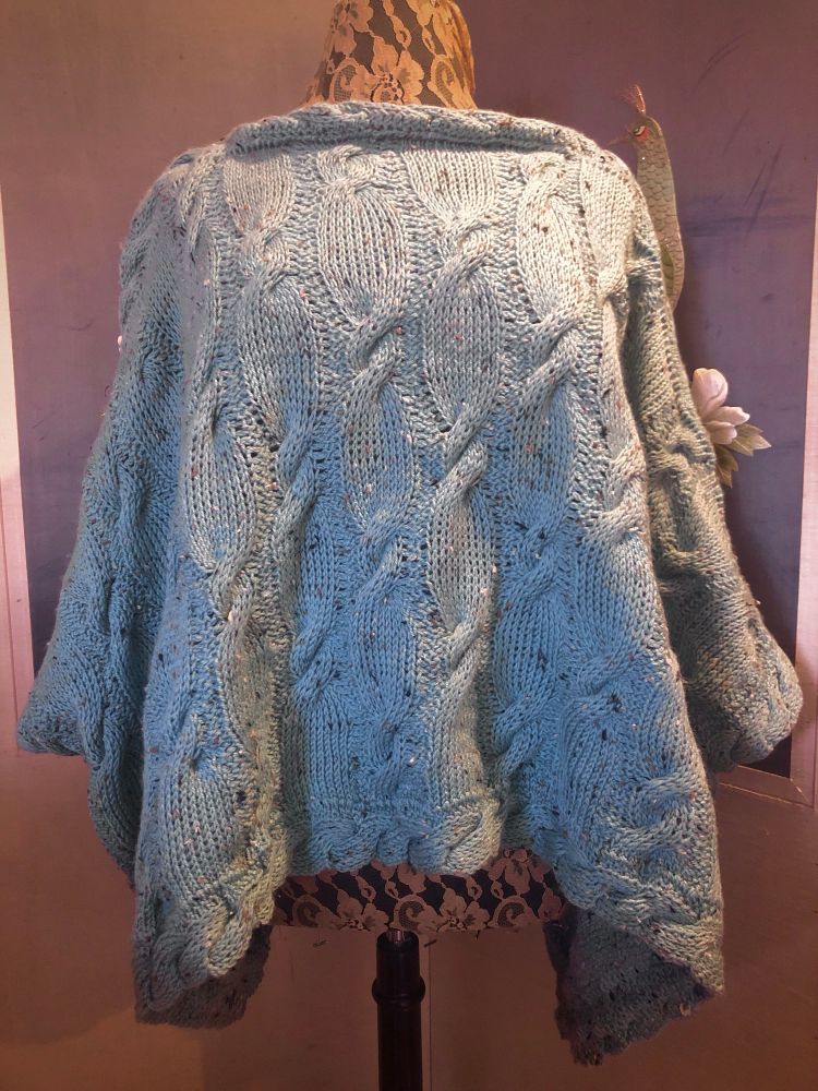 Cabled Tunisian crochet knit stitch poncho top in duck egg blue by MadStash Designs 
