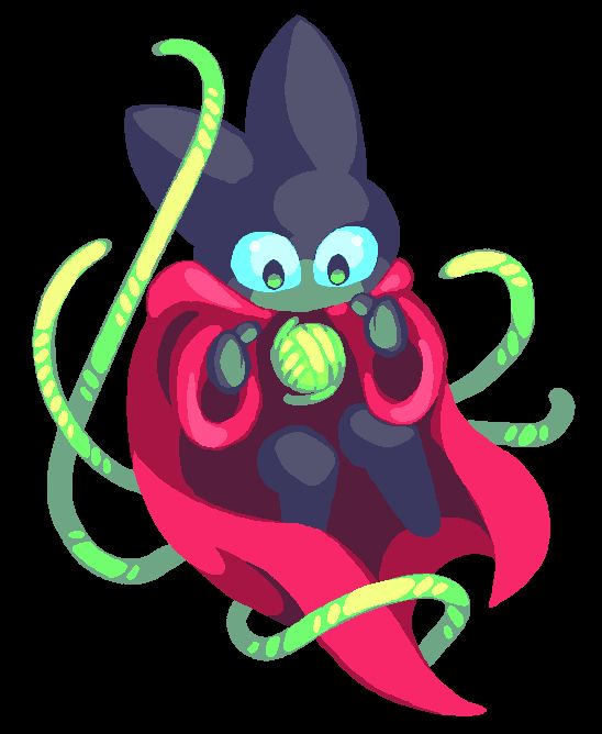 Image of a cartoon black cat wearing a red cloak and holding a green ball of yarn