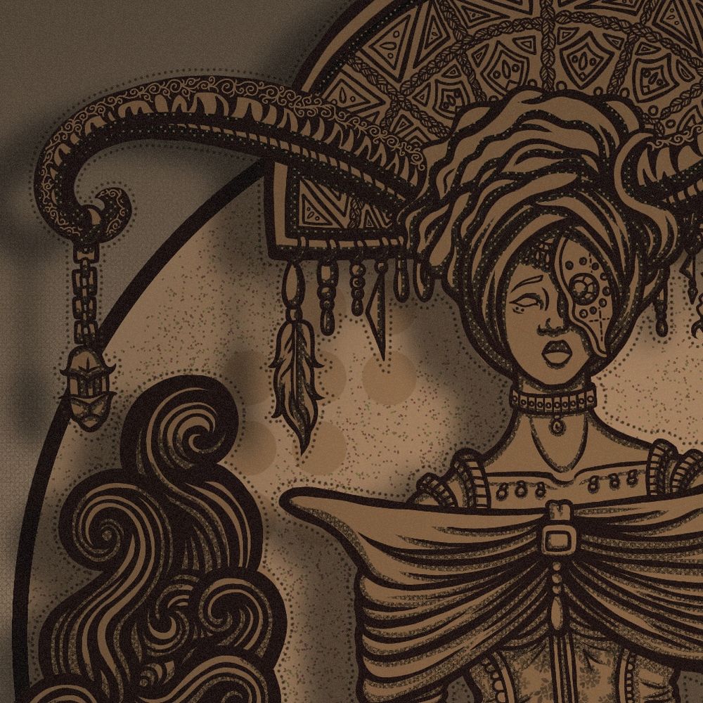 A digital drawing of a female character holding an incense holder that produces a vapor. On her other side, there is a mechanism that houses a mechanical owl. The woman is wearing a steampunk corseted dress, with a turban. She has a mask covering half her face and large horns. She is wearing a half-circle headdress.