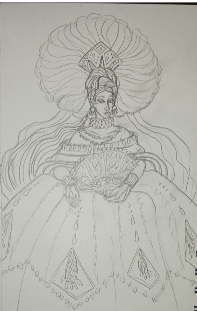 A pencil sketch of a woman wearing a large dress with huge hair. She is holding a fan. 