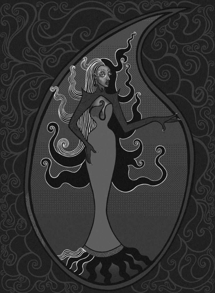 A digital drawing that is unfinished, showing a woman in a long, tight dress with floating, smoke-like hair. The background is flowing and twisted.