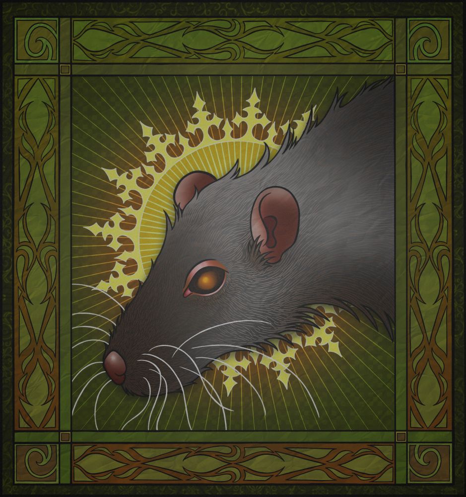 A digital drawing showing a closeup portrait of a grey rat. The rat is surrounded by a gothic halo and a green border.