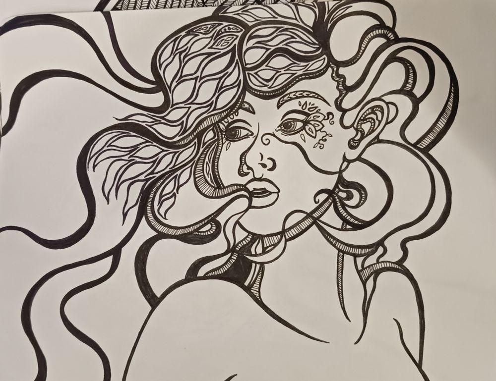 An ink drawing of a woman running in the wind, her hair blowing behind her.
