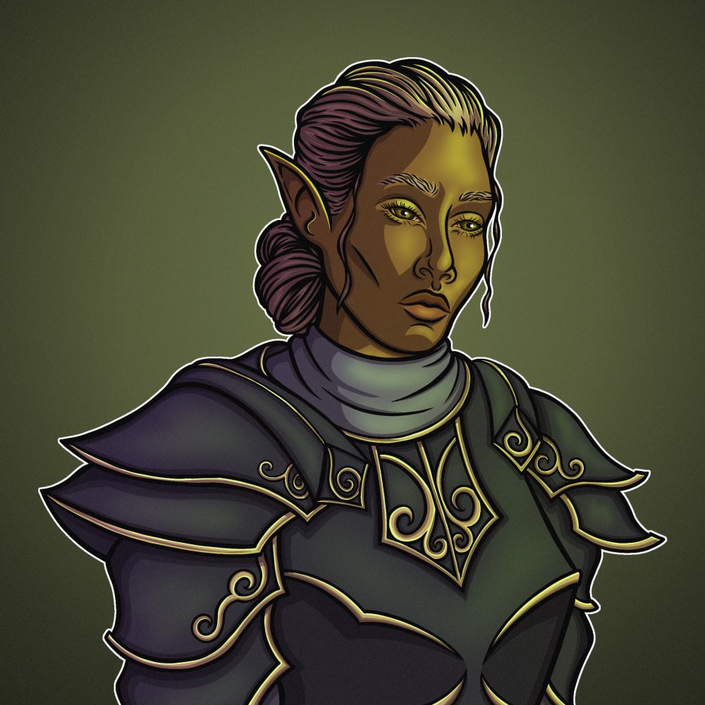 A digital drawing of an Elder Scrolls High Elf woman wearing black armor with gold trim. Her hair is long, blonde, and in a bun. She has golden skin and green elven eyes.
