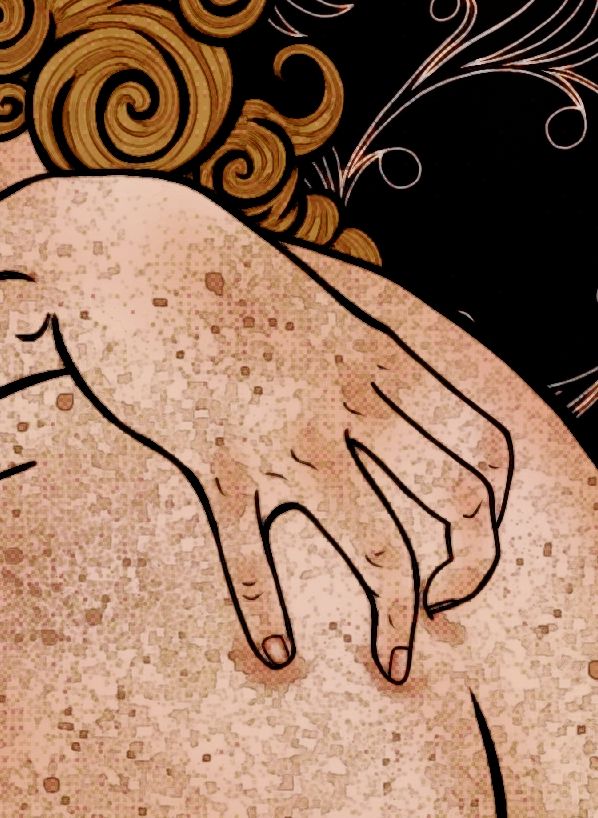 A digital drawing of a feminine man facing away from the viewer, gripping their body with clawed fingers. He has long, blond, curly hair and glowing yellow eyes.