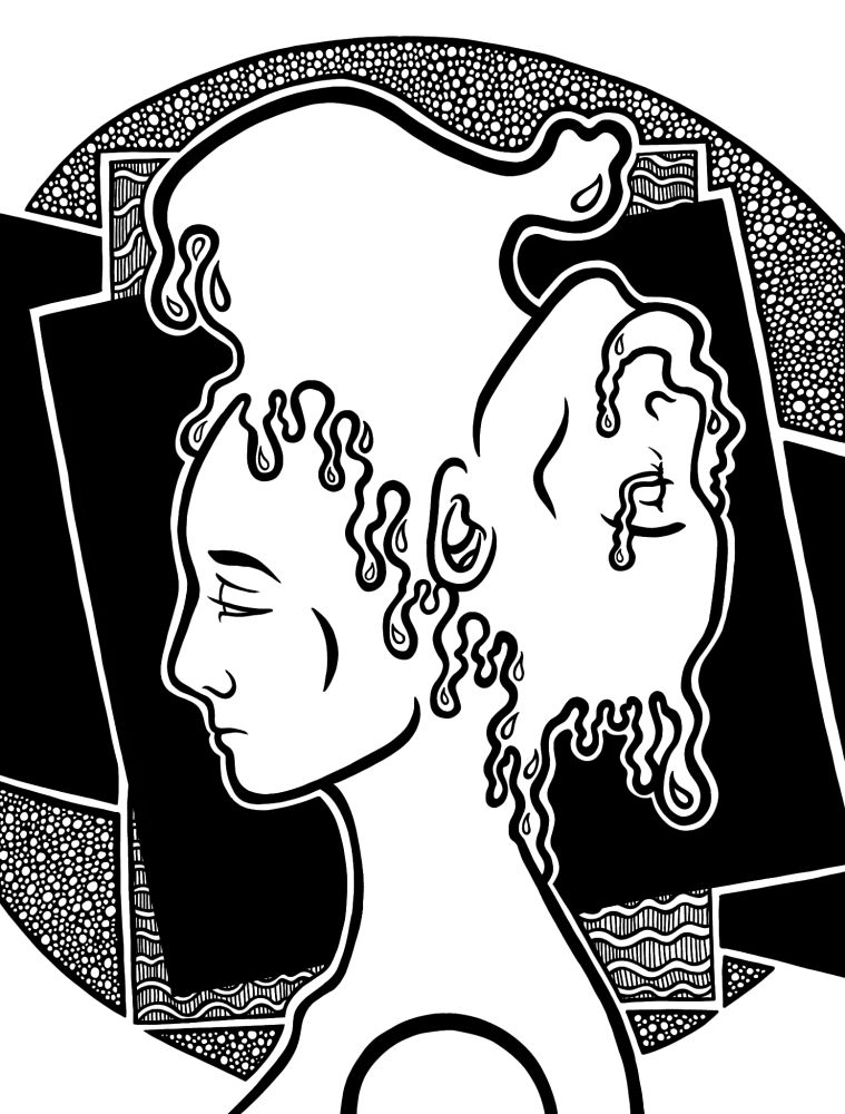 A digital drawing of a figure in profile with another head melting on top of theirs, there is a geometric pattern in the background.