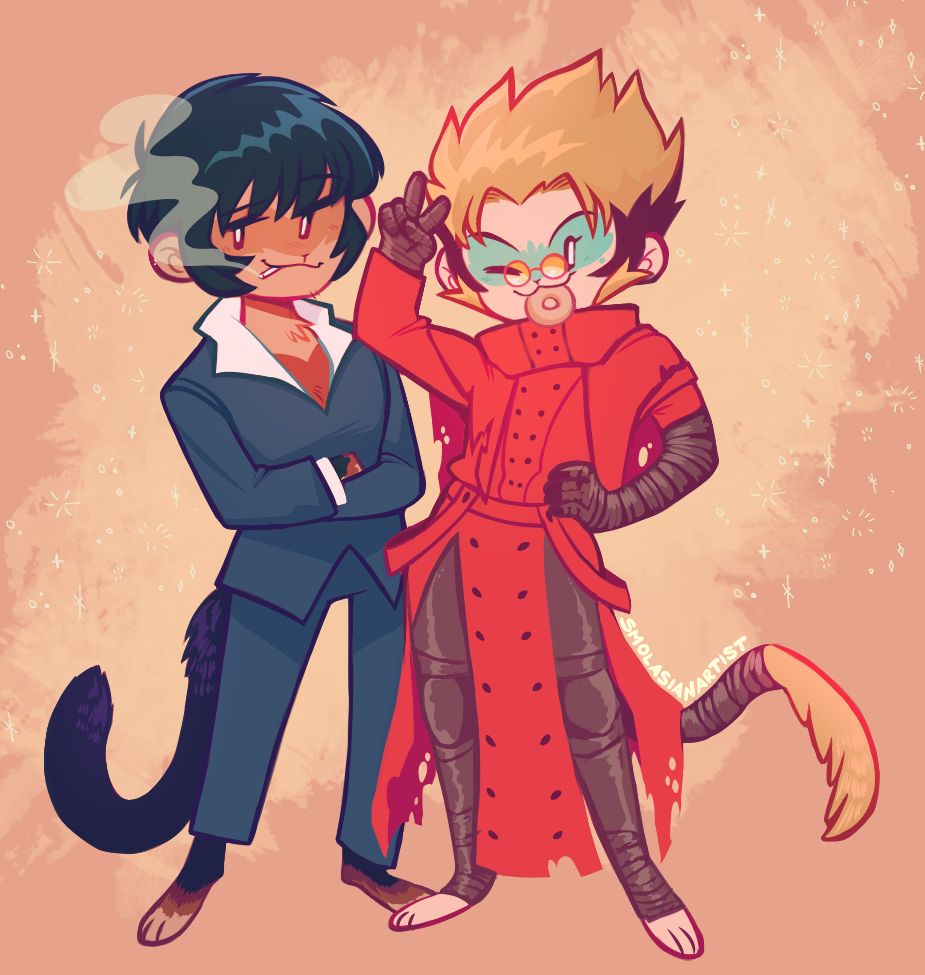 Digital art of Nicholas D. Wolfwood and Vash the Stampede as cartoon monkies.