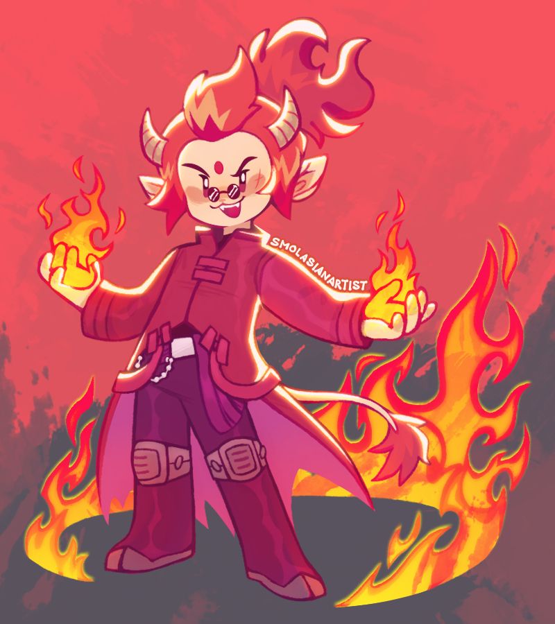Digital chibi art of LEGO Monkie Kid's Red Son surrounded by flames and wielding fire.