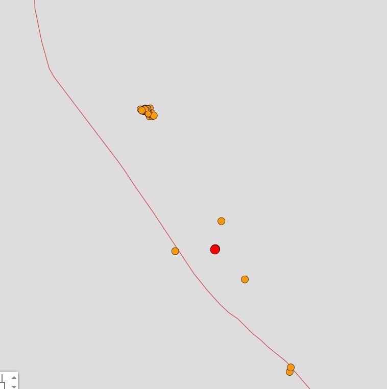 A plot of recent earthquakes that's lacking the underlying map to show where those dots are located