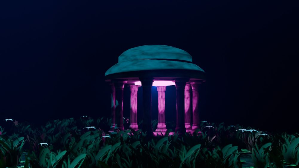 A 3D scene in a painterly style. The scene features a marble gazebo surrounded by grass, clovers & wildflowers. The night is a rich blue, a neon magenta lights up the gazebo from within.
