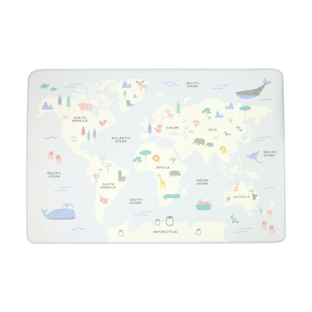A children's play mat featuring a world map that excludes Pacific Island Nations