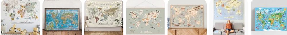 Seven different toys, each featuring a world map that excludes Pacific Island Nations