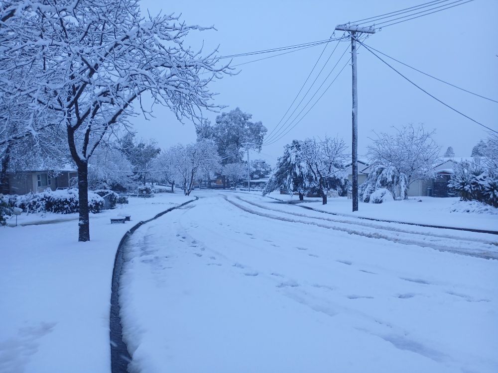 Snow covered street curving away from the camera. Everything is white.