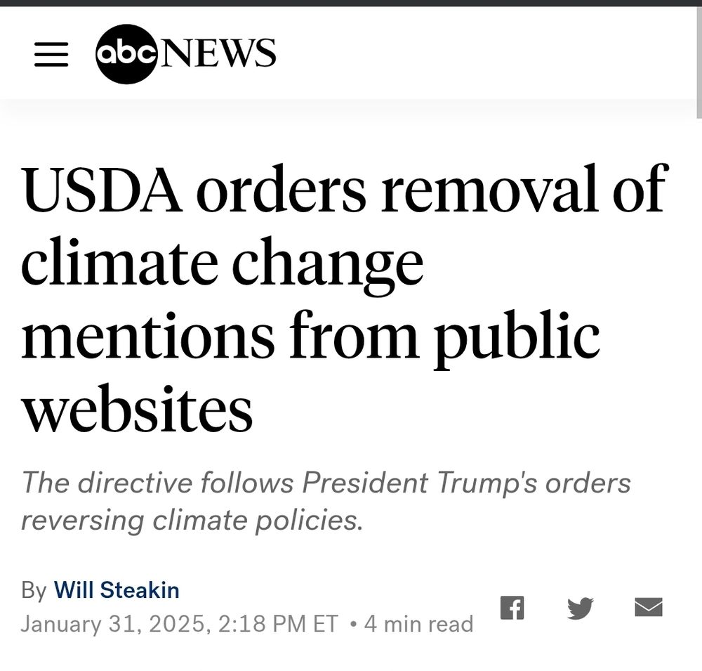 Screenshot of a headline from ABC News that the USDA orders the removal of climate change mentions from public websites