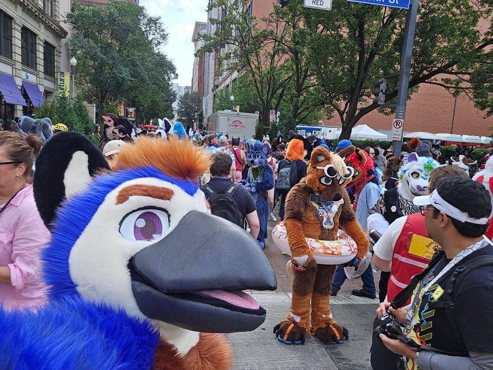 A happy birb fursuiter in front of a crowd.