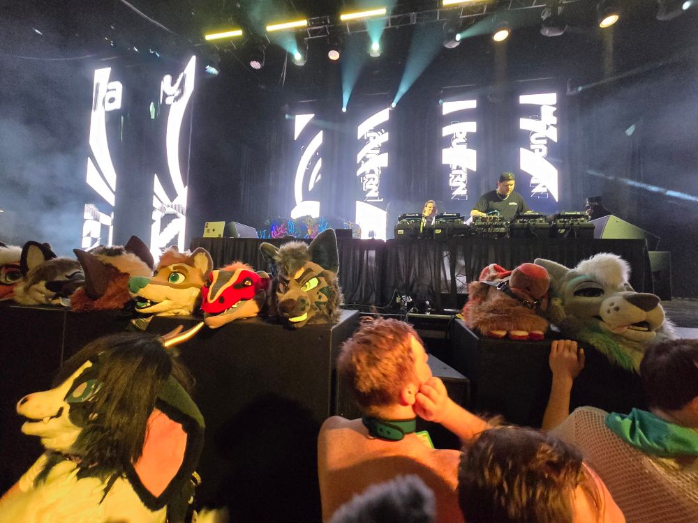 The front stage of a rave which has a crowd of people at the front. The stage is lined with fursuit heads.