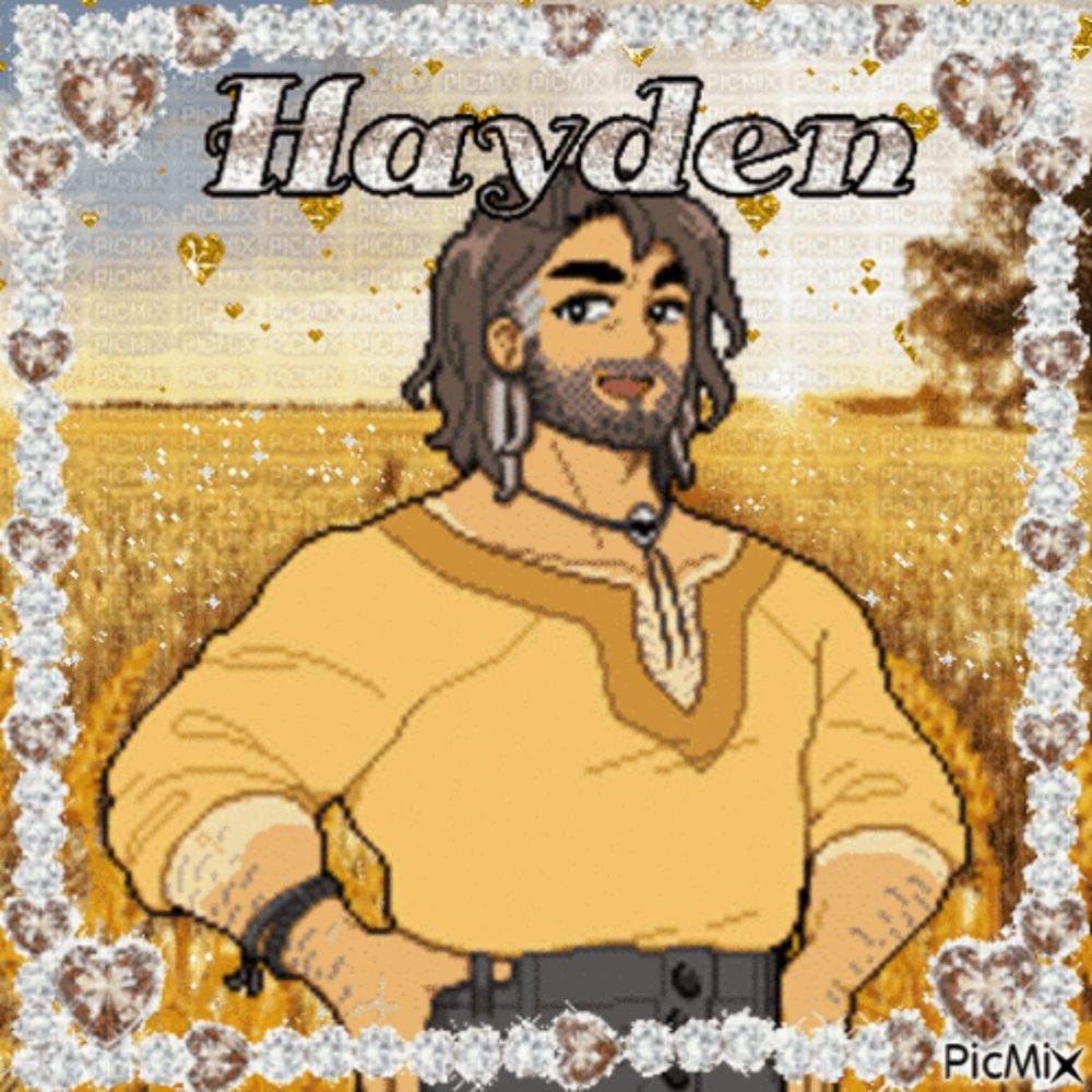 a pixel art of a man with the name hayden on the bottom