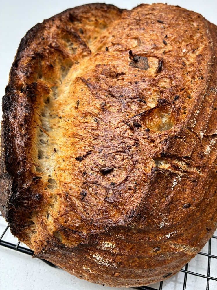 Golden seeded sourdough showing gluten strands, seeds and sage.