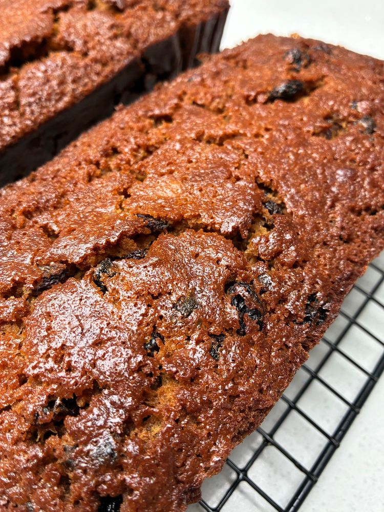 Dark brown textured Beer/fruit cake.
