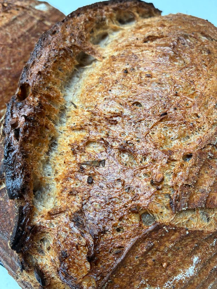 Golden sourdough showing gluten strands, seeds and sage.