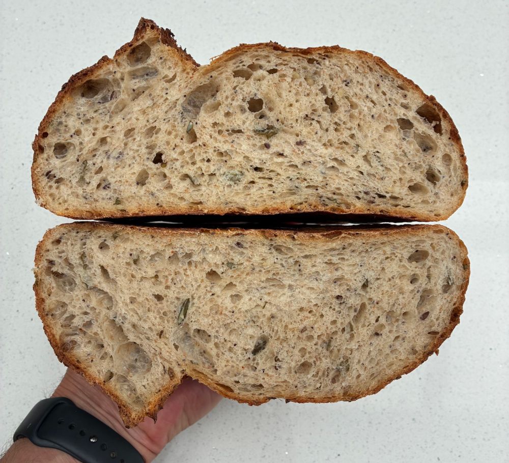 Crumb shot showing the soft, open texture of the sourdough along with mixed seeds and sage.