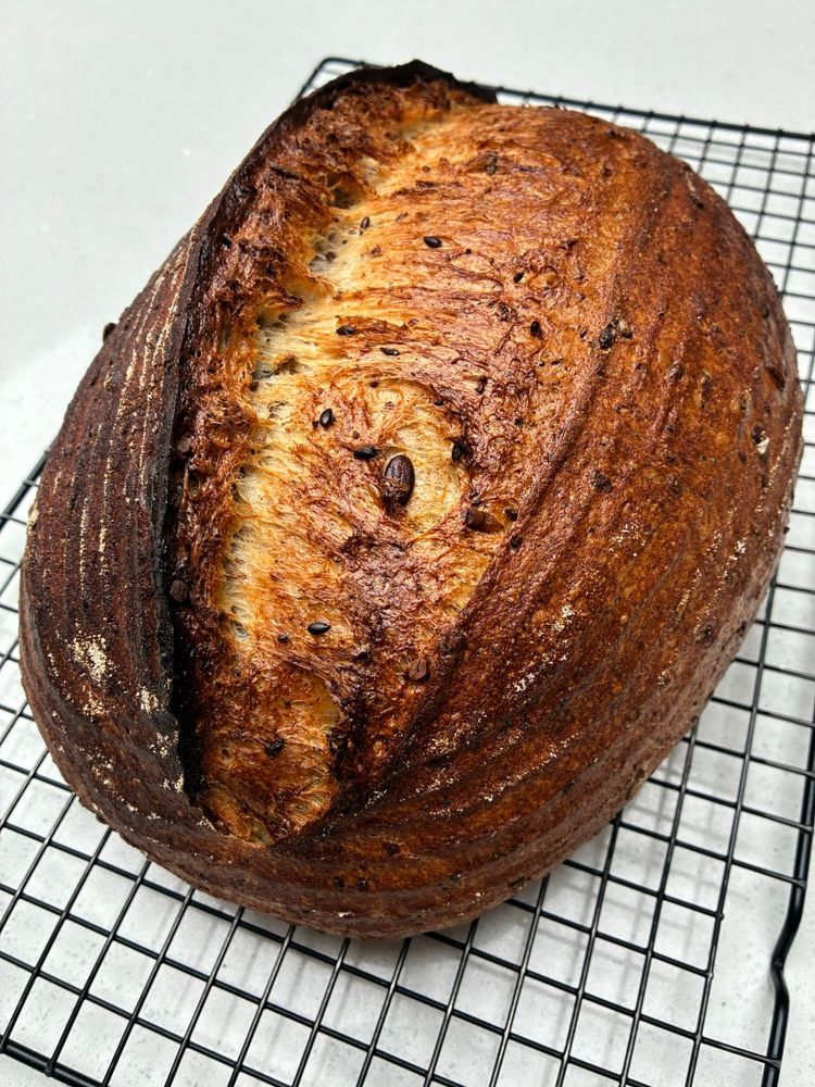 Seeded sourdough showing gluten strands , seeds and sage.