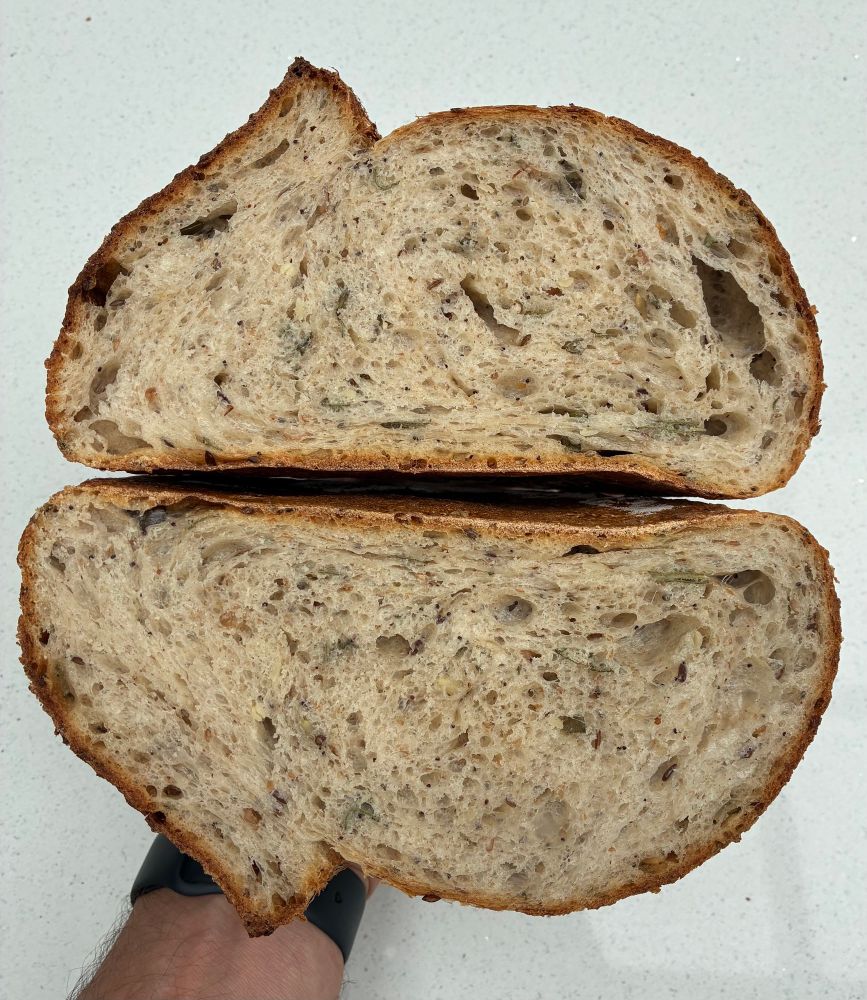 Crumb shot of my multi-seeded sourdough. Love the texture of this loaf. The Flanders flour is a relative newcomer for me so maybe this is the way forward. The other thing thrown into the mix was that my digital scales were playing up (which I have since exchanged,as they were faulty). I realised that I had too much strong white flour in my recipe as my weighed water was not enough. I added more liquid but the white flour to wholemeal flour ratio was different to what I generally use. The loaf had more spring (which is what I would expect). But the way forward maybe is to alter the ratio to 85% SWF to 15% wholemeal/pulses. At present I use 80% Canadian strong white flour and 20% wholemeal/pulse mix.
