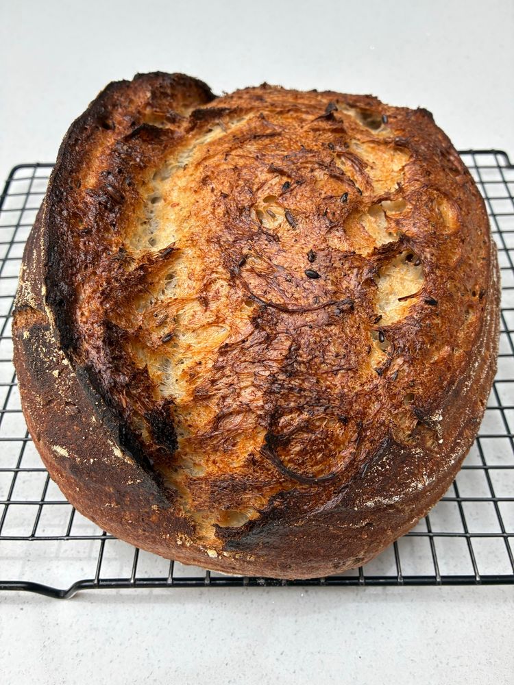 Sourdough showing gluten strands, seeds and sage.