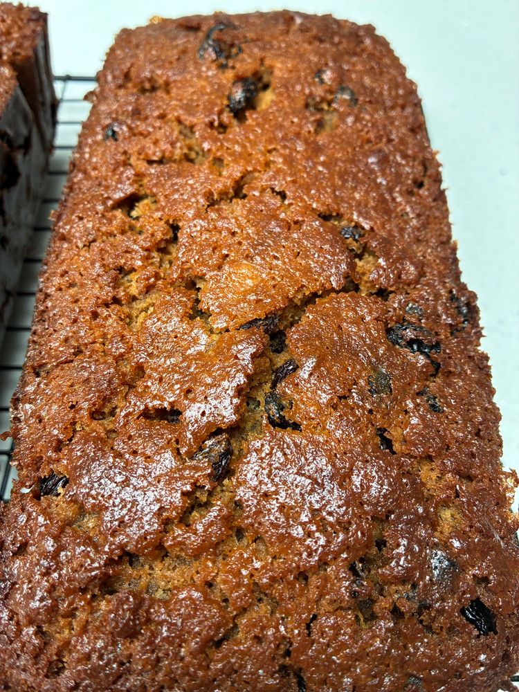 Dark brown textured Beer/fruit cake.