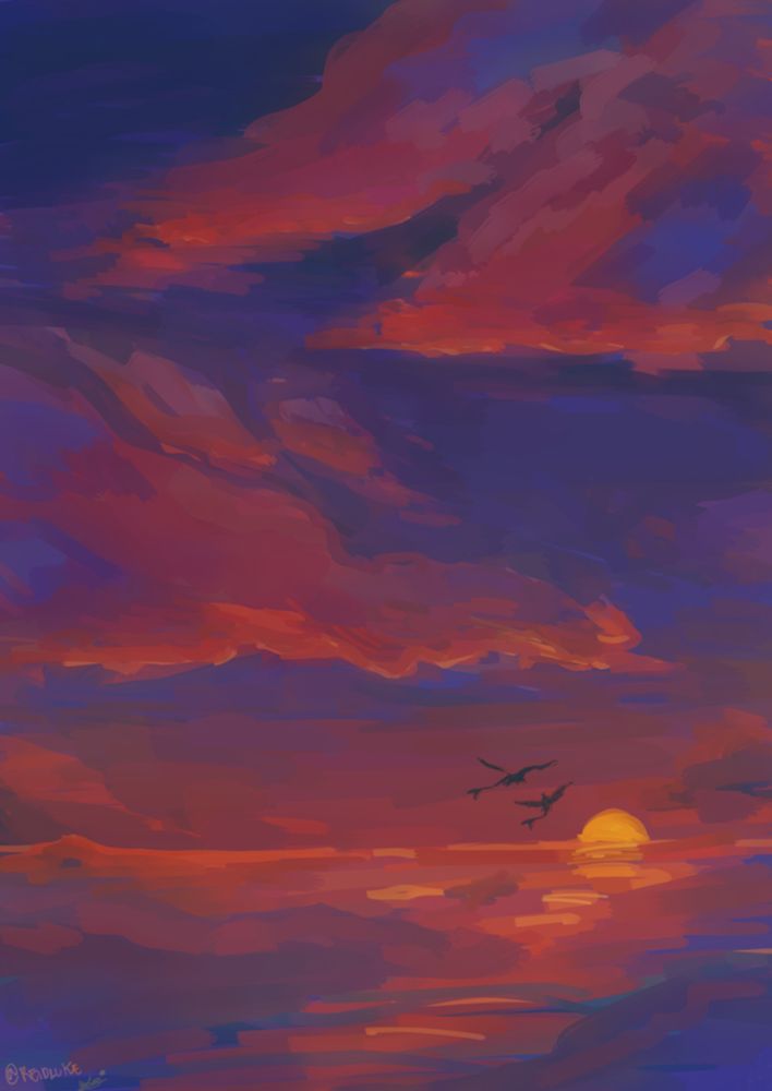 A digital artwork of a sunset. The skies are a Purple and blue shade, the clouds being a mix of blues, purples and oranges. The sun sets over the horizon, the light reflecting on the ocean. The ocean is tainted an orange hue reflecting the sun and the clouds. 

There are two faint silhouettes of dragons (from How To Train Your Dragon) flying close to the sunset.
