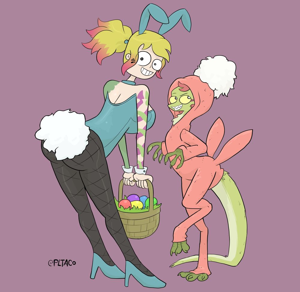 Ann (human) wearing a bunny outfit holding an Easter basket.  Kyra (dinosaur) wearing bunny pajamas, but is wearing it upside down 