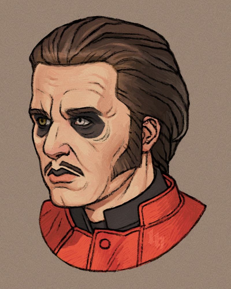 Illustrated portrait of Cardinal Copia aka Papa Emeritus IV, a man with middle length slicked back brown hair,sideburns and a small mustache. He's wearing dark make-up around his eyes and on his upper lip and is dressed in a red cassock.