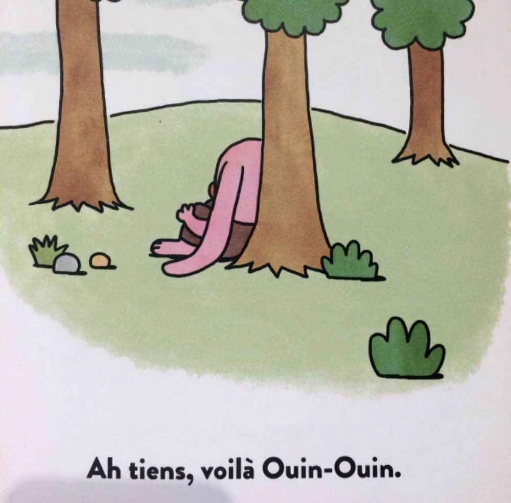 Dessin de livre pour enfants avec un lapin derrière un arbre et la mention "Ah tiens, voilà Ouin-Ouin."