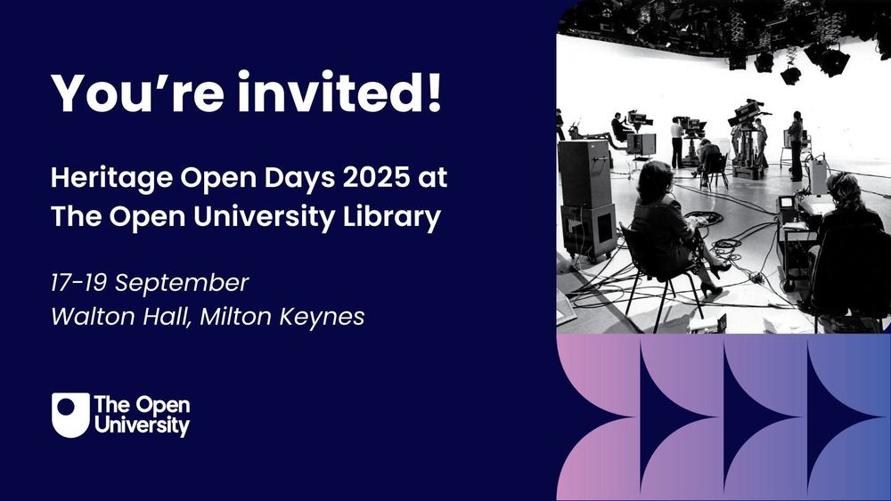 Black and white photo from 1975 of a television studio for an Open University programme. Text reads: 'You're invited! Heritage Open Days 2025 at The Open University Library. 17-19 September. Walton Hall, Milton Keynes'.