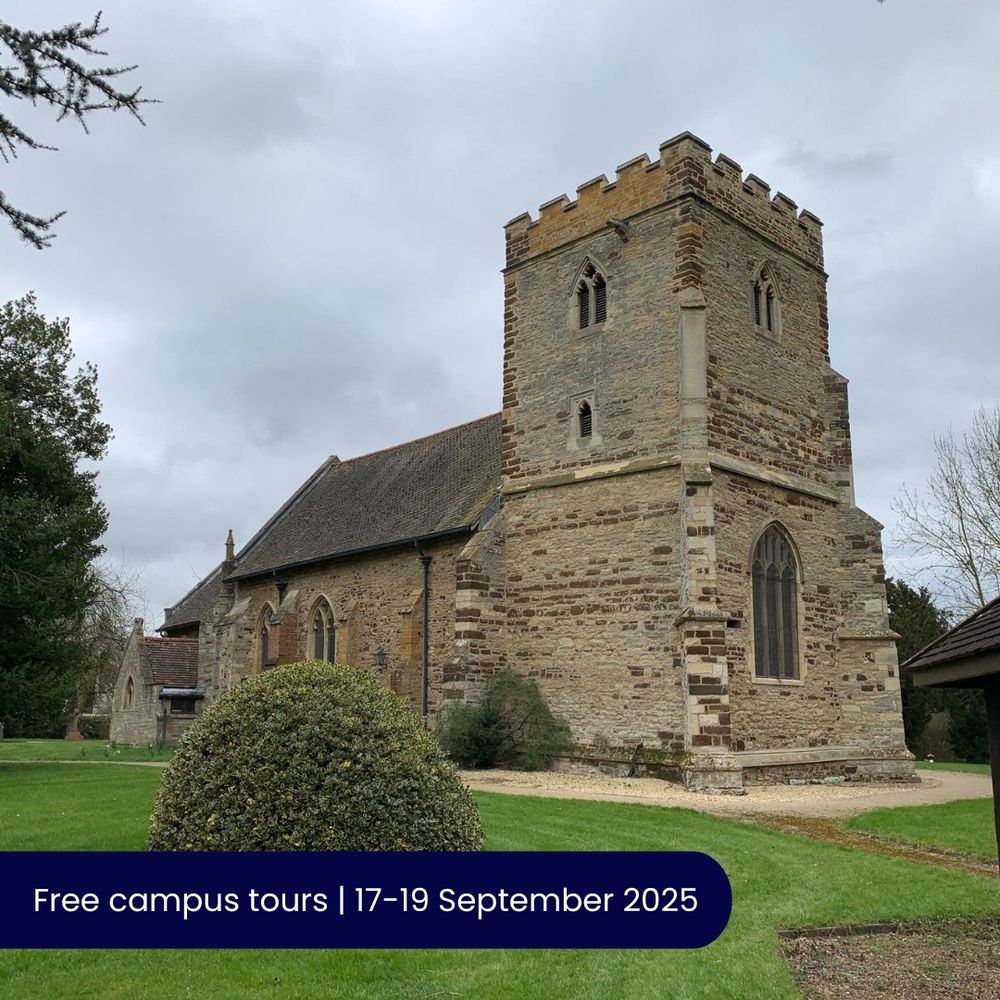 A large church building surrounded by grass, trees and shrubbery.  Text reads: 'Free campus tours | 17-19 September 2025'.