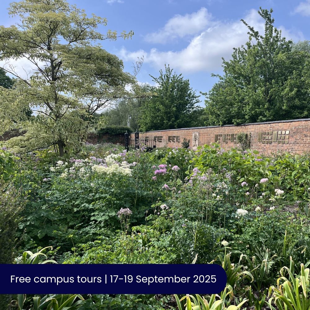 A vast array of green trees, foliage and flowers in a walled garden. Text reads: 'Free campus tours | 17-19 September 2025'.